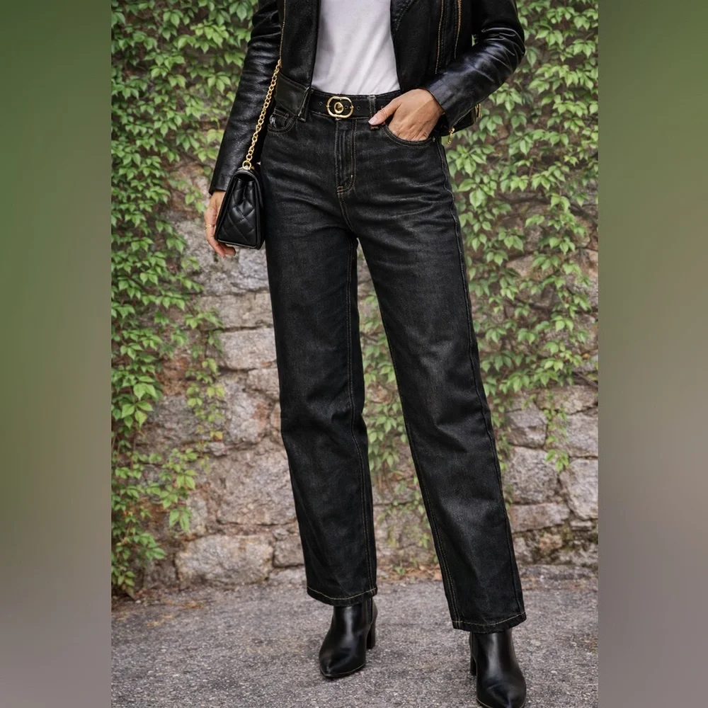 TOPSHOP Modern Architectural Black Waxed Denim Wide Leg Jeans, 4 - Picture 2 of 16